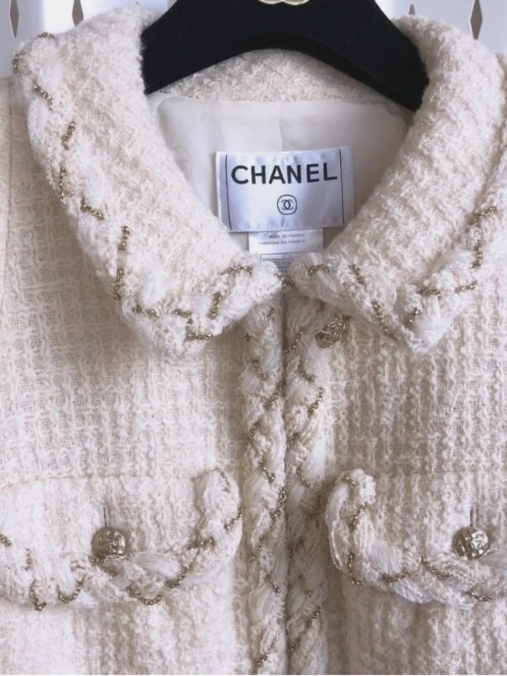 2007 CHANEL Cream Tweed Jacket with Gold-Tone Braid. Original price $4500-$6500.
